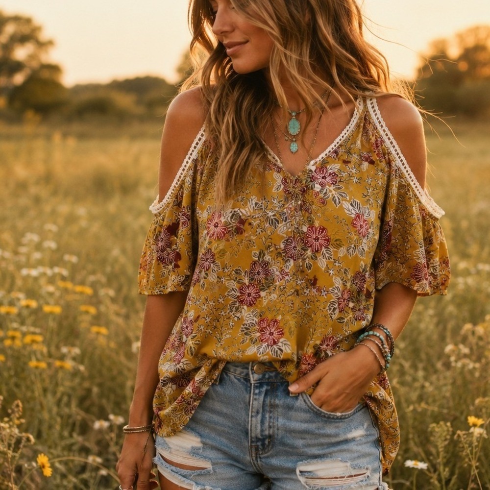 Sjs Womens Ochre Floral Cold Shoulder Top Crochet Lace Trim Small Western Boho